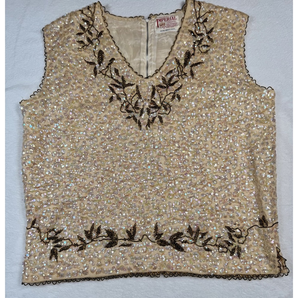 Vintage Imperial Sweater Vest Womens Small White Beaded Sequin 100% Virgin Wool